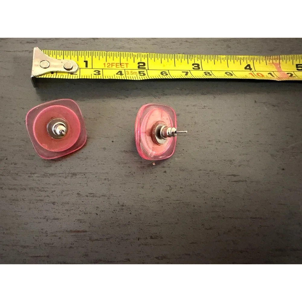 Vintage Pink Resin Gold Tone Clear Cabochon Geometric Stud Earrings Retro Post